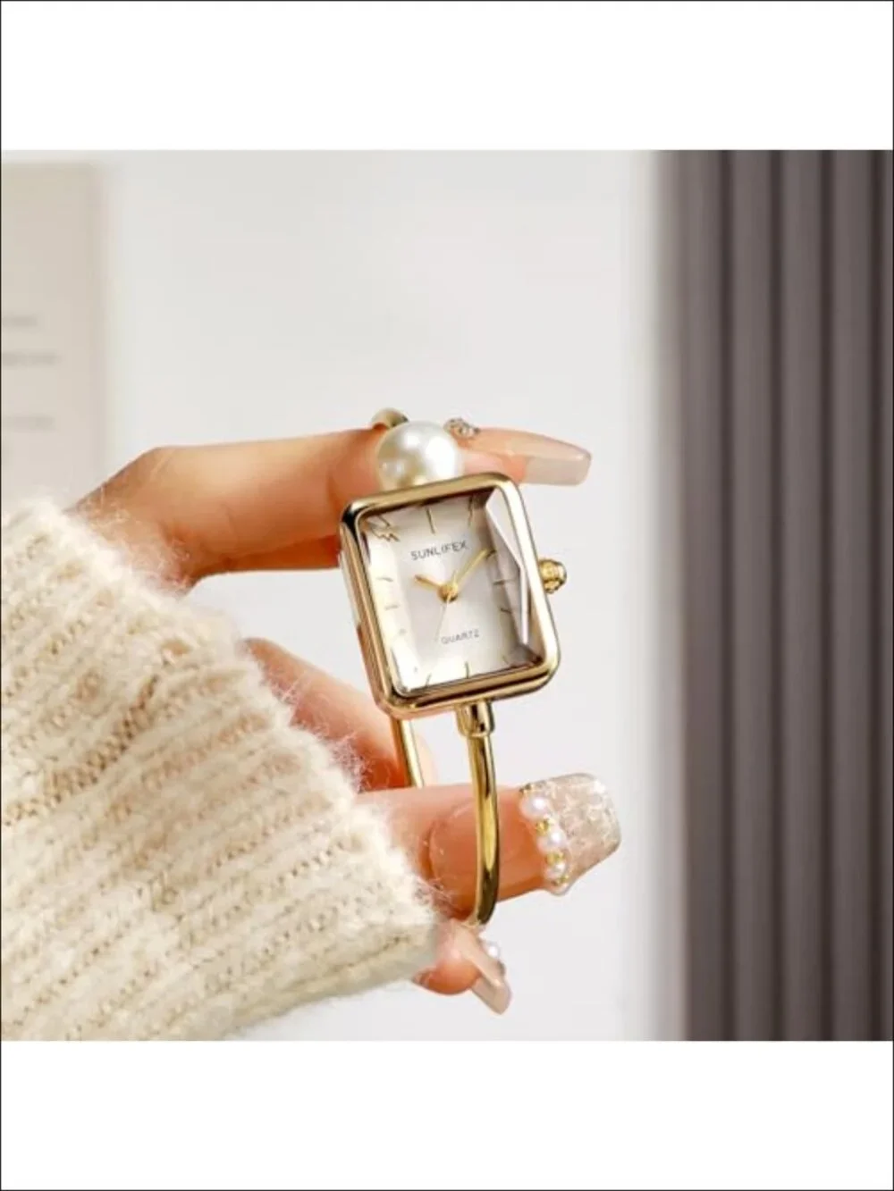 Pearl Bangle Watch for Women, Gold Square Dial Easy Read Cuff Watch, Quartz
